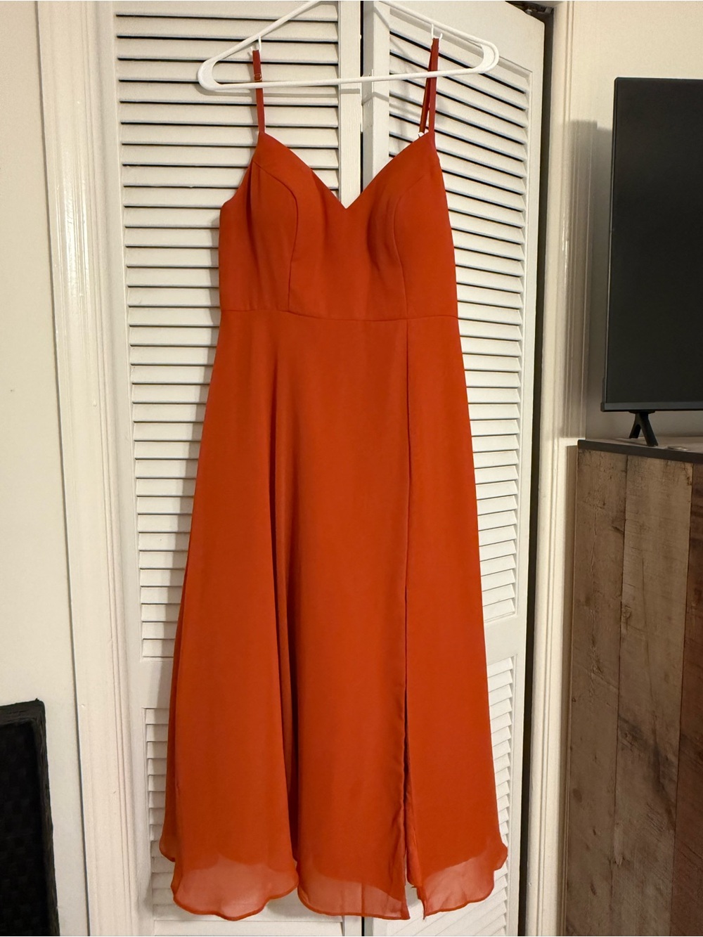 Azazie Rust Orange V-Neck Midi Dress